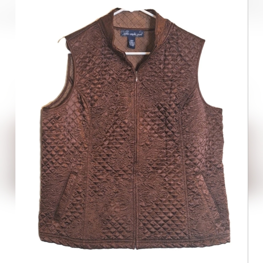 Susan Graver Brown Full Zip Quilted Floral Vest Fleece Satin Size L W Pockets
